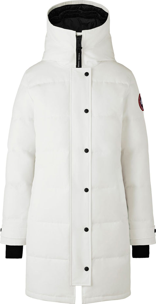 White hooded mid-length puffer coat with button-up front.