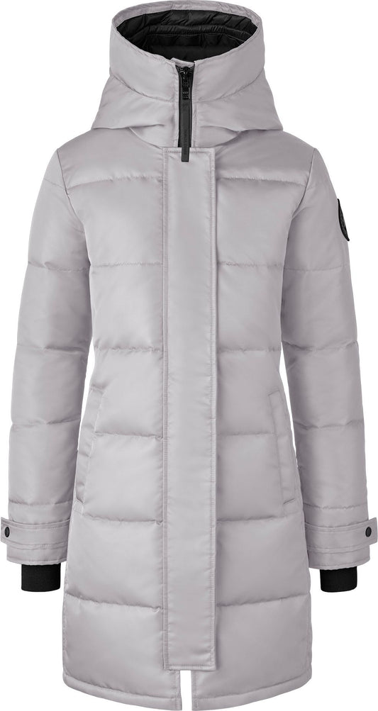 Light gray, long, quilted puffer coat with hood and black accents.