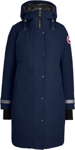 Navy blue, long-sleeved jacket with a hood and black cuffs, featuring front button closures and a pink logo emblem on the right sleeve.