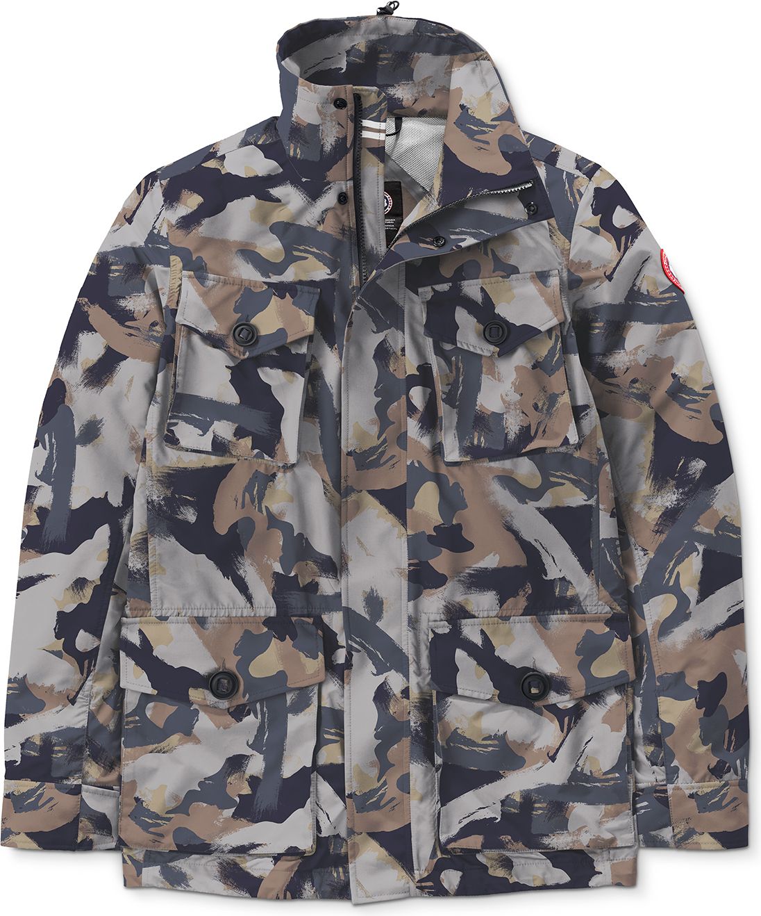 Camo button-up jacket with four front pockets.