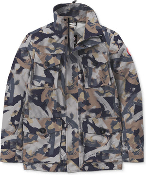 Camo button-up jacket with four front pockets.