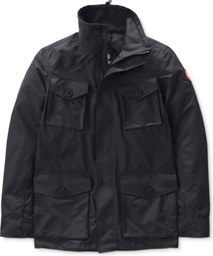Black jacket with four front pockets and a red circular logo on the sleeve.