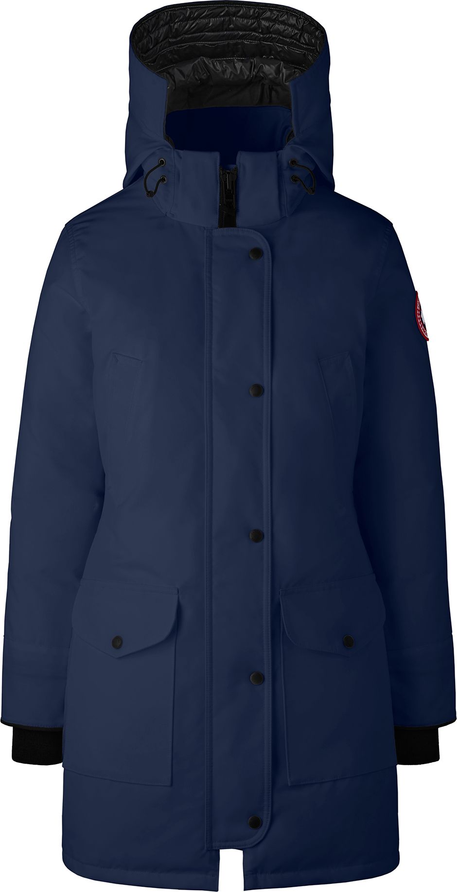 Navy blue parka with hood and visible logo on sleeve.