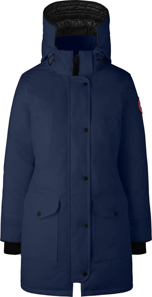 Navy blue parka with hood and visible logo on sleeve.