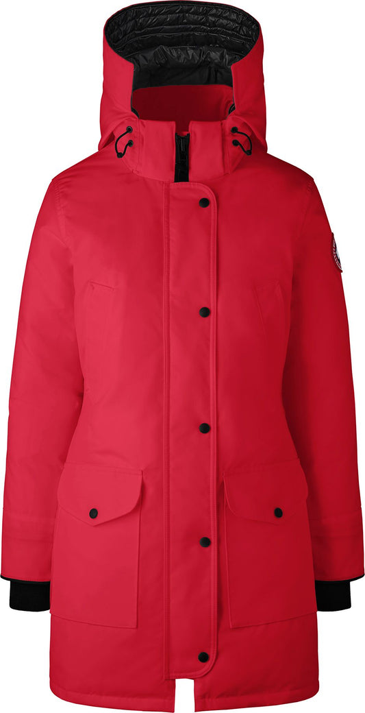 Red parka with a hood, buttoned front, and patch pockets.