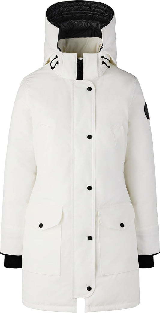 White parka with black accents including hood lining and wrist cuffs; front pockets with button closures, and covered front zipper.