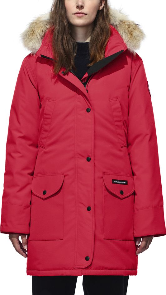 A red, long-sleeved parka with four black buttons, and pockets with a natural fur-trimmed hood.