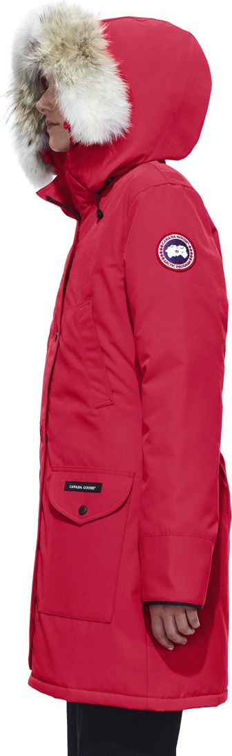 Red parka with a fur-trimmed hood and the Canada Goose logo on the upper left arm.