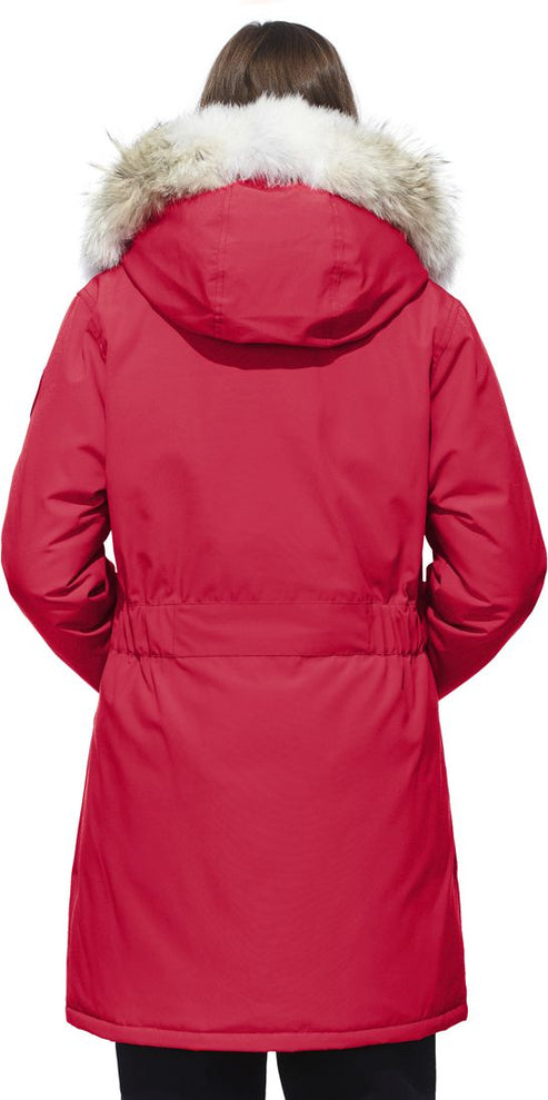A red parka with a fur-trimmed hood.
