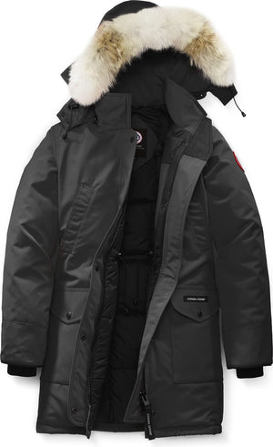 Open black parka with a fur-trimmed hood.