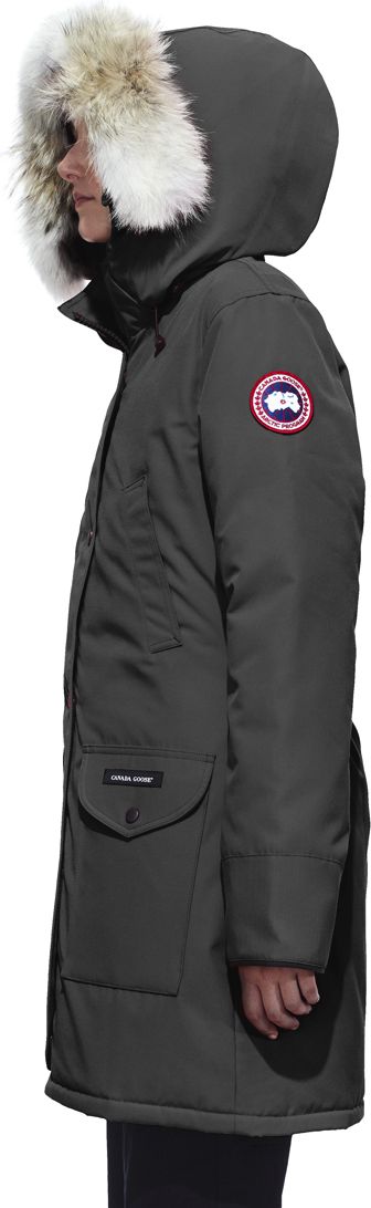 A hooded, dark gray parka with fur trim around the hood and the Canada Goose logo on the left arm.