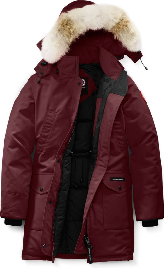 Maroon parka with fur-trimmed hood, pockets, and full zipper.