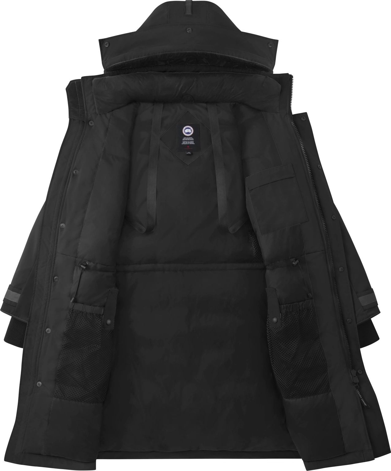 Open black parka jacket showing inner pockets and hood.
