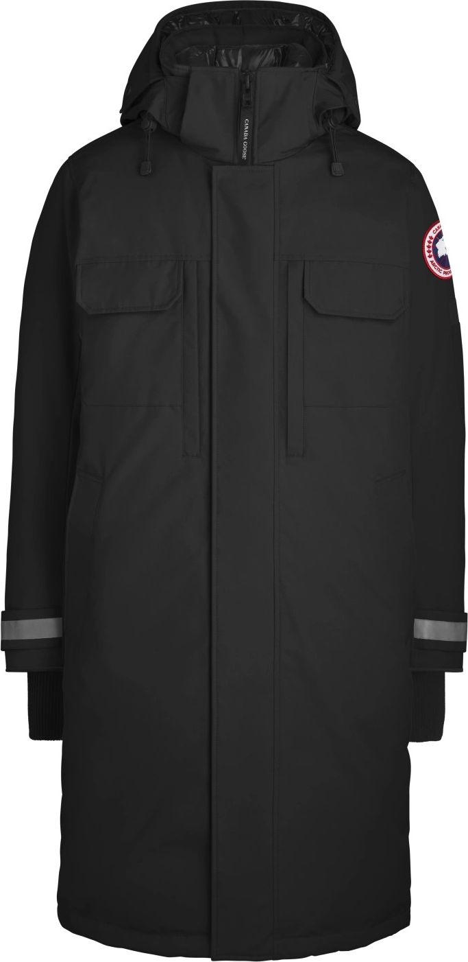 Black parka with hood, pockets, and reflective wrist stripes.