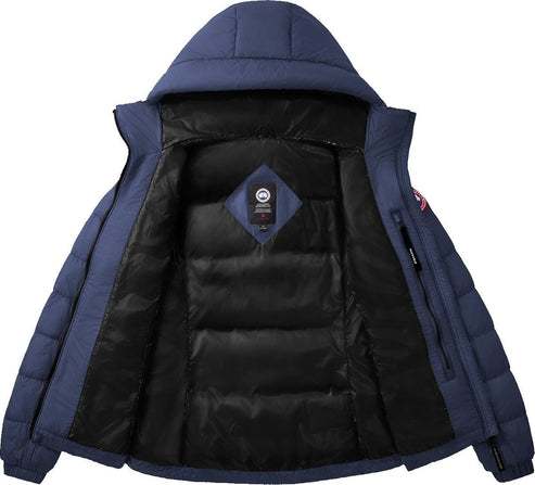 Open view of blue down jacket with black interior, hood, and logo on the inside and arm.
