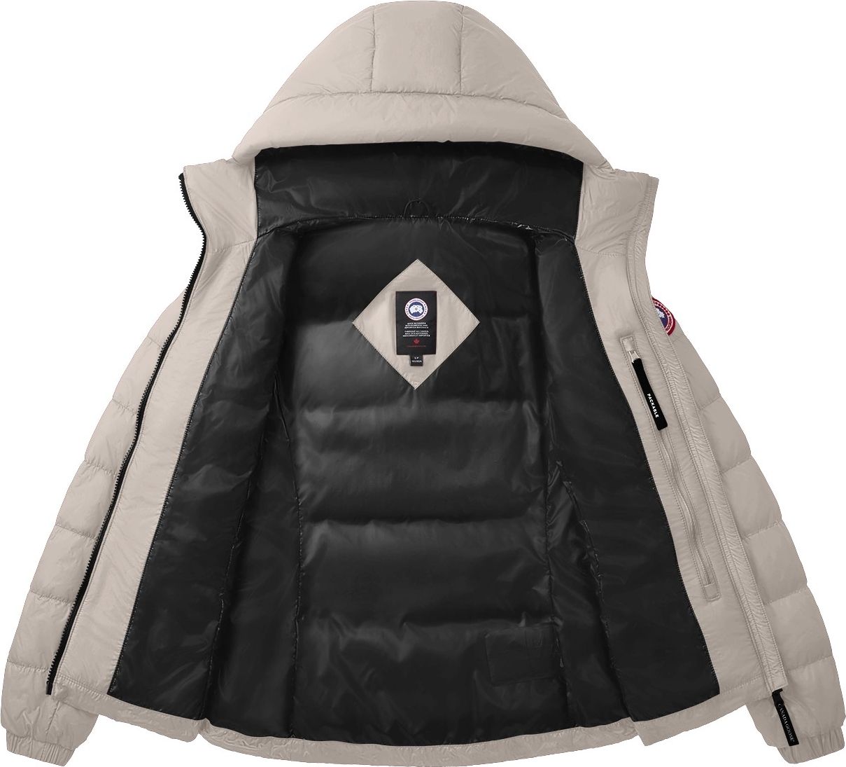 An opened, light gray hooded jacket, black interior, with a logo patch, the hood is up.