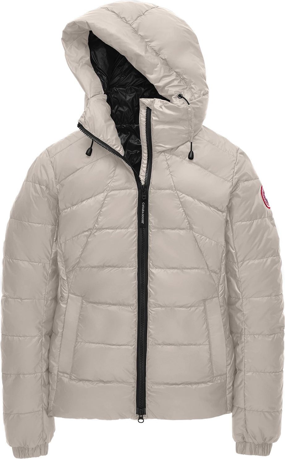 Light grey puffer jacket with hood, black zipper and interior.