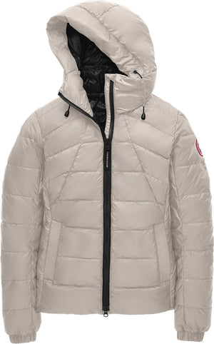 Light grey puffer jacket with hood, black zipper and interior.