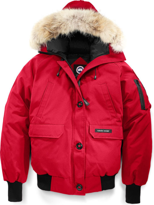 Red hooded winter coat with fur trim and button closure.
