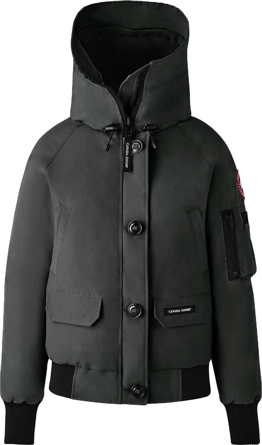 Dark gray, down-filled bomber jacket with a large hood, button-up front, two front flap pockets, a left-arm pocket, and ribbed cuffs and hem.