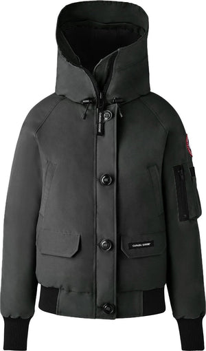 Dark gray, down-filled bomber jacket with a large hood, button-up front, two front flap pockets, a left-arm pocket, and ribbed cuffs and hem.