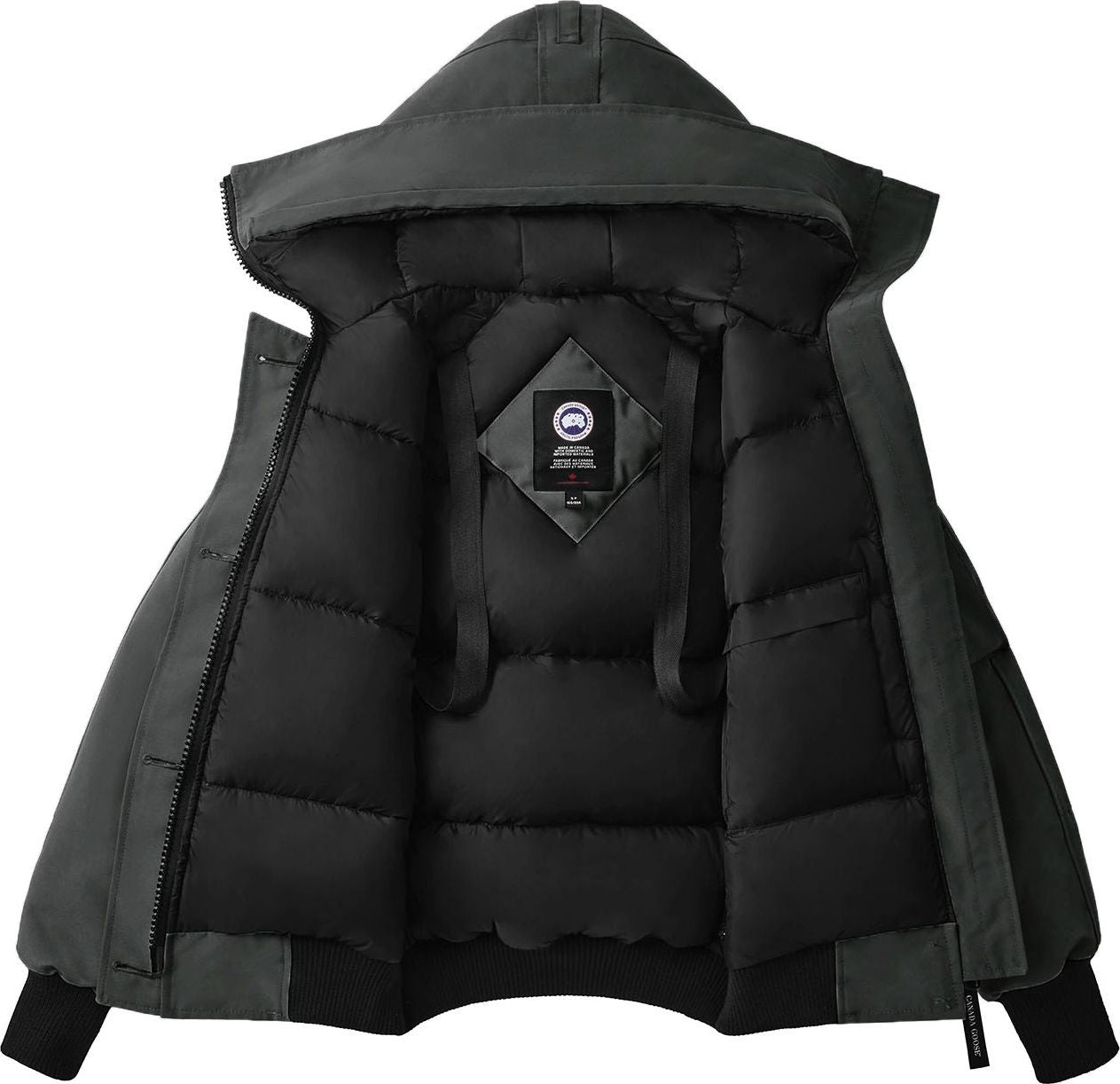 Open grey hooded down jacket, black inner lining, logo patch.