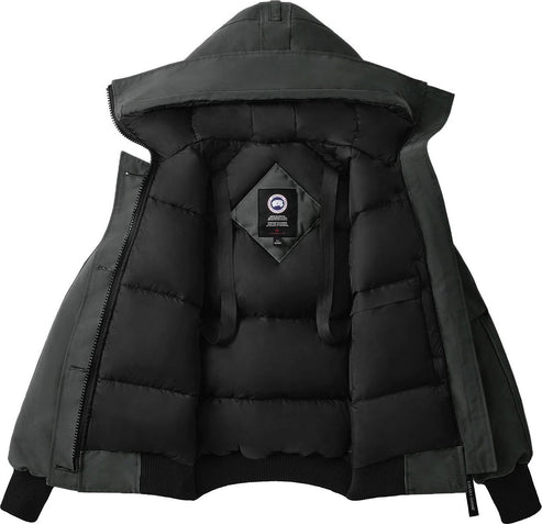 Open grey hooded down jacket, black inner lining, logo patch.