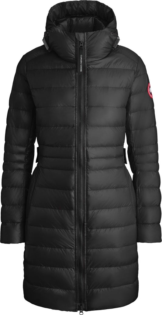 Long, black down jacket with a hood, zippered front, and cinched waist.