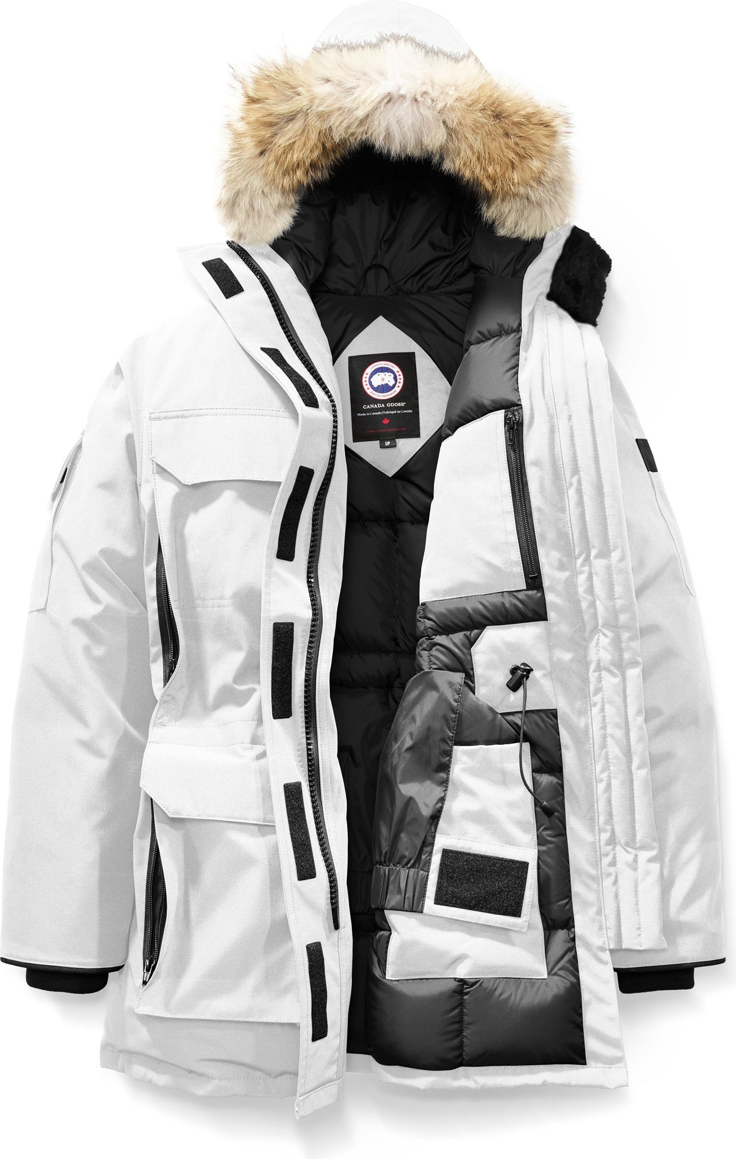 Open white winter coat with fur-lined hood, black interior, and multiple pockets.