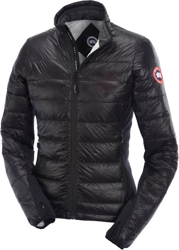 Black lightweight down jacket with a full zip, stand collar, and a round logo patch on the left sleeve.