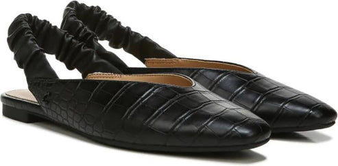 A pair of black slingback flats with a crocodile print and a gathered heel strap.