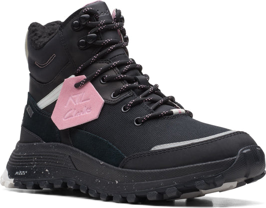 Black ankle-high boot with pink accents, featuring a thick speckled sole, laces, and visible label.