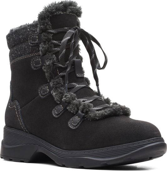 Black, lace-up, ankle-high boot with faux fur trim and a chunky black sole.