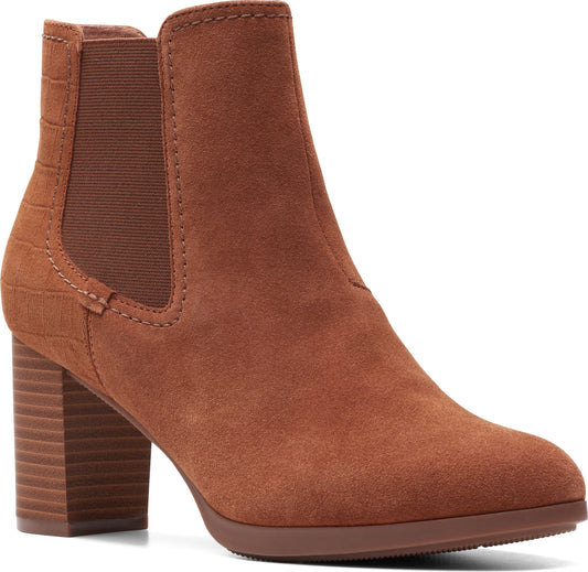 Chestnut suede ankle boot with a stacked heel and crocodile-textured elastic side panels.