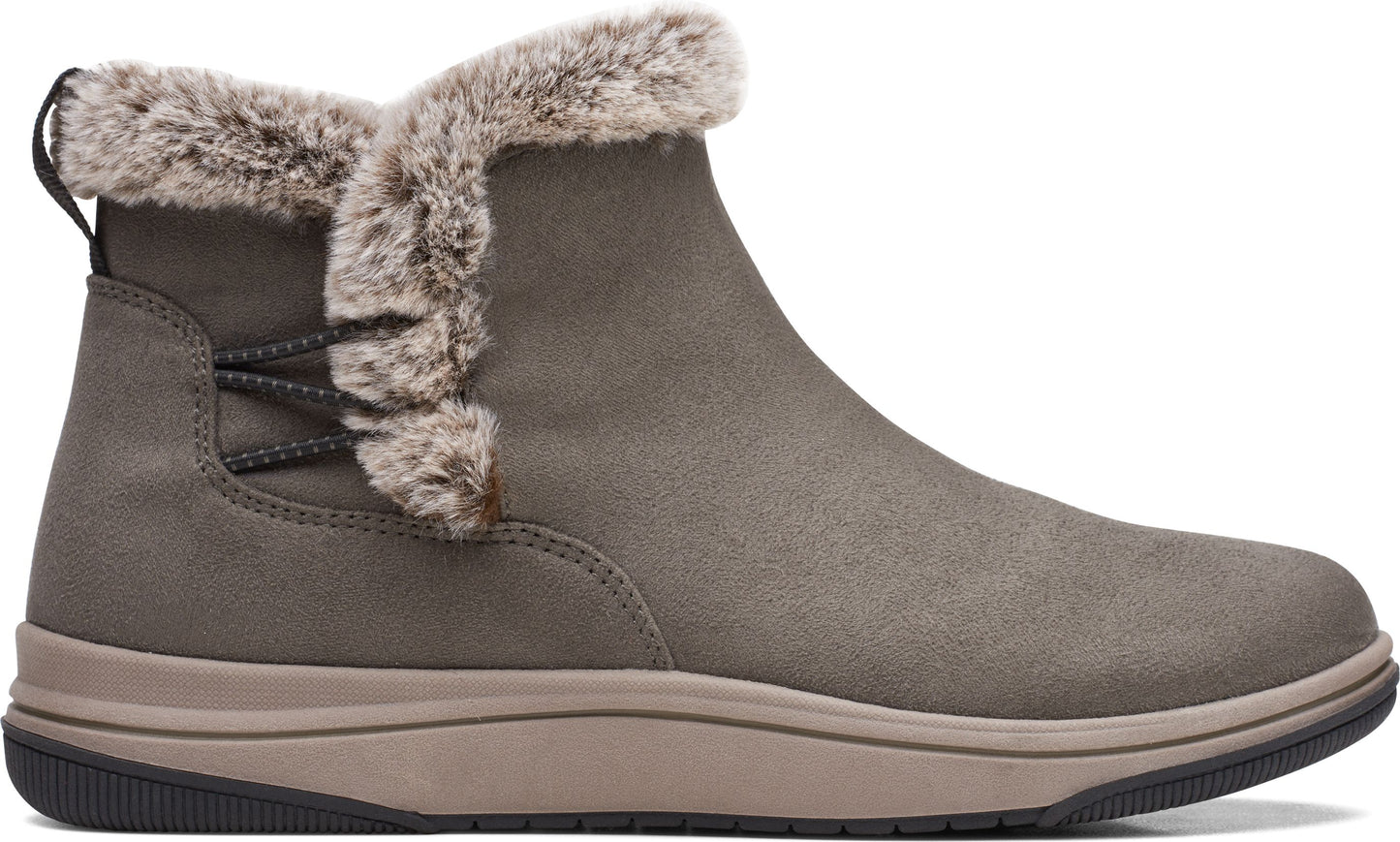 Taupe ankle boot with faux fur trim and a lace-up detail.
