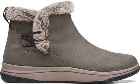 Taupe ankle boot with faux fur trim and a lace-up detail.
