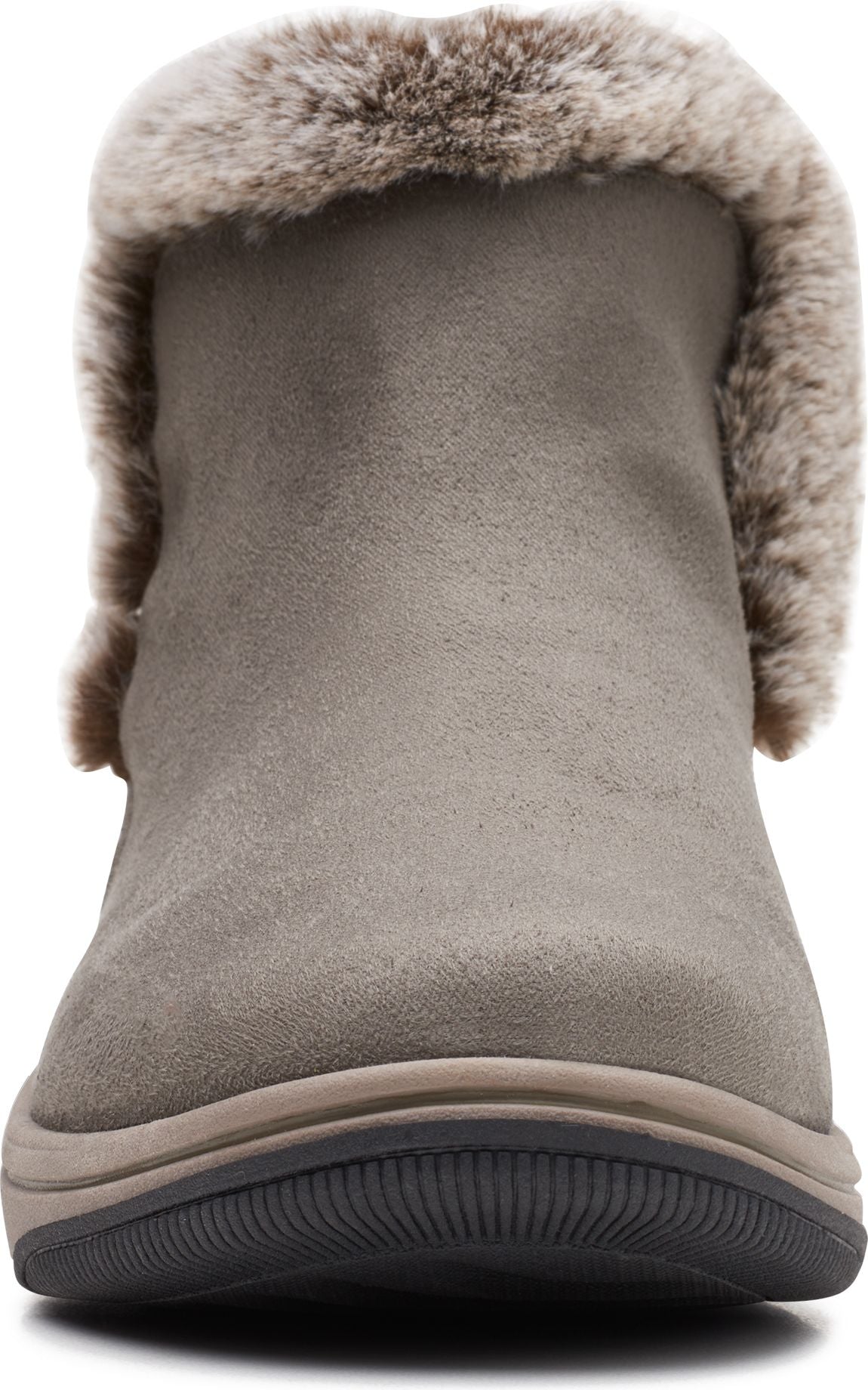 Taupe suede ankle boot with fur trim.