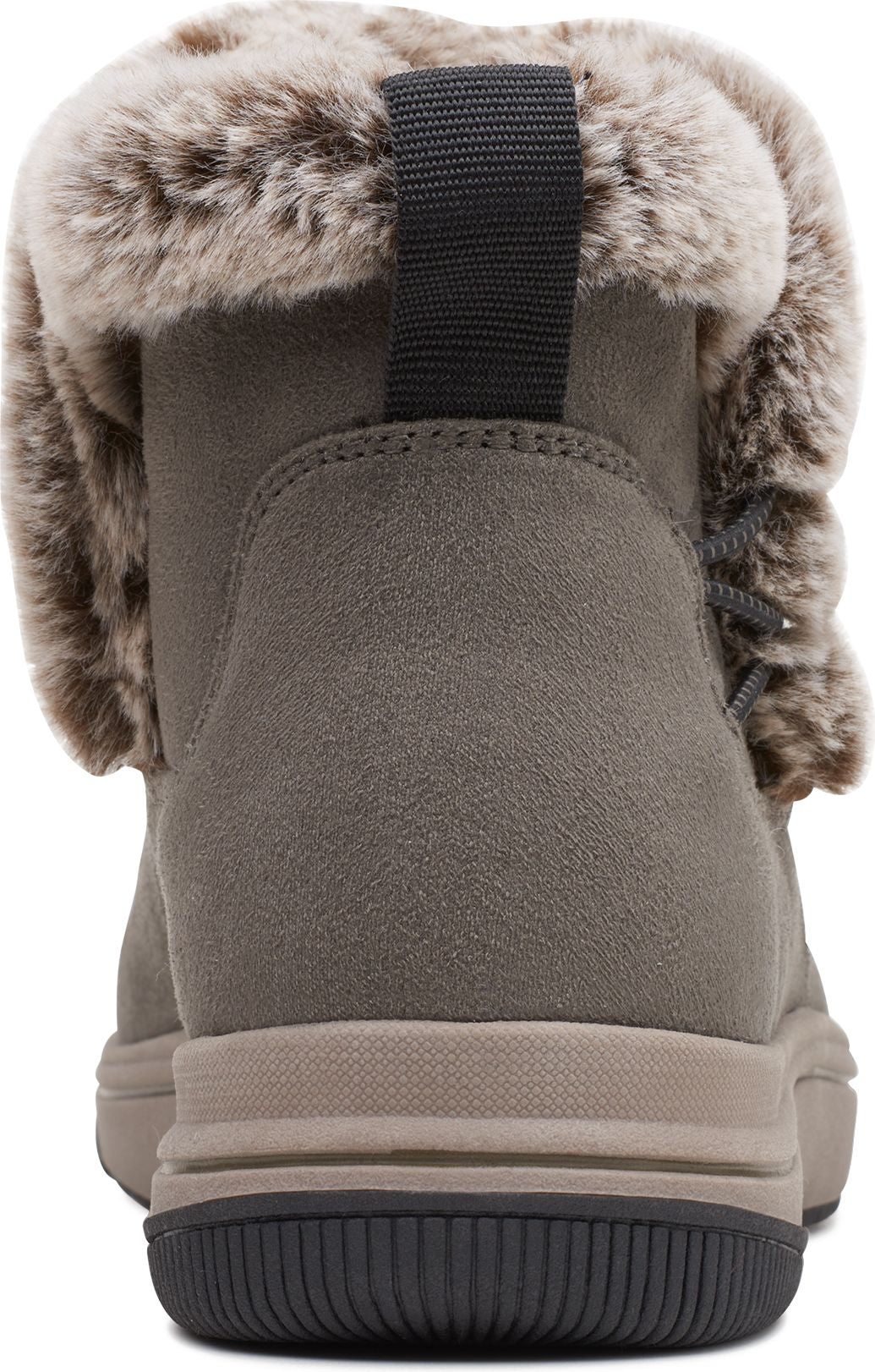 The back view of an ankle boot with a faux fur collar, a pull tab, and a stacked sole.