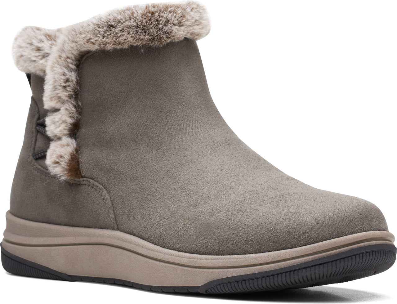 Ankle-high boot in taupe faux suede with faux fur trim around the ankle.