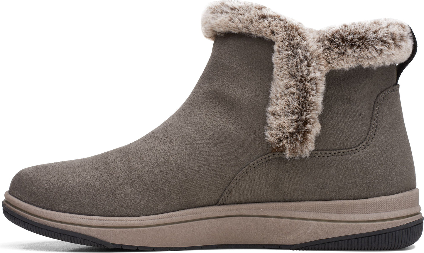 Taupe ankle boot with faux fur trim and flat sole.