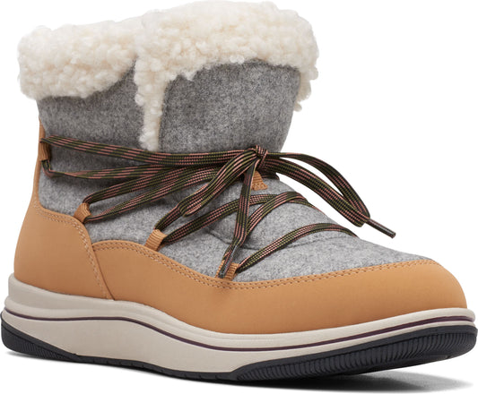 Ankle height boot with tan base and gray shaft with faux fur trim and laced closure.