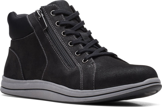 Black high top sneaker with side zipper, laces, and gray sole.