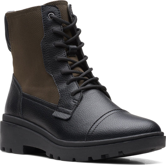 Black lace-up boot with a round toe and an olive-green canvas panel on the upper.