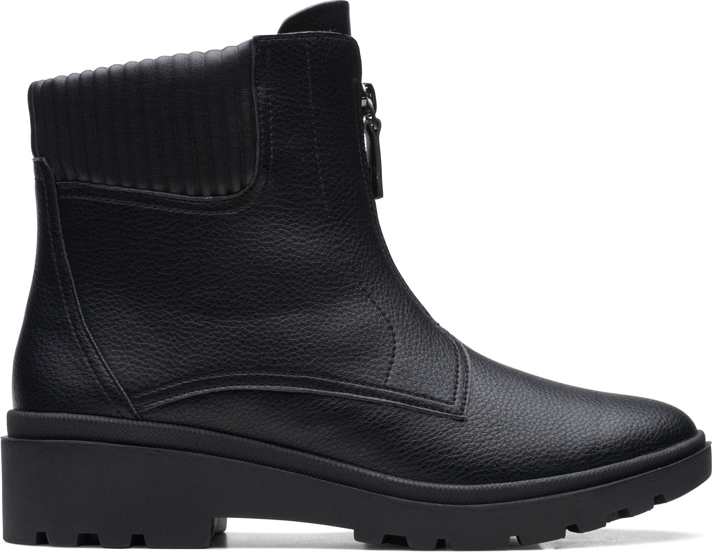 A black leather ankle boot with a front zipper and a ridged detail on the upper back.
