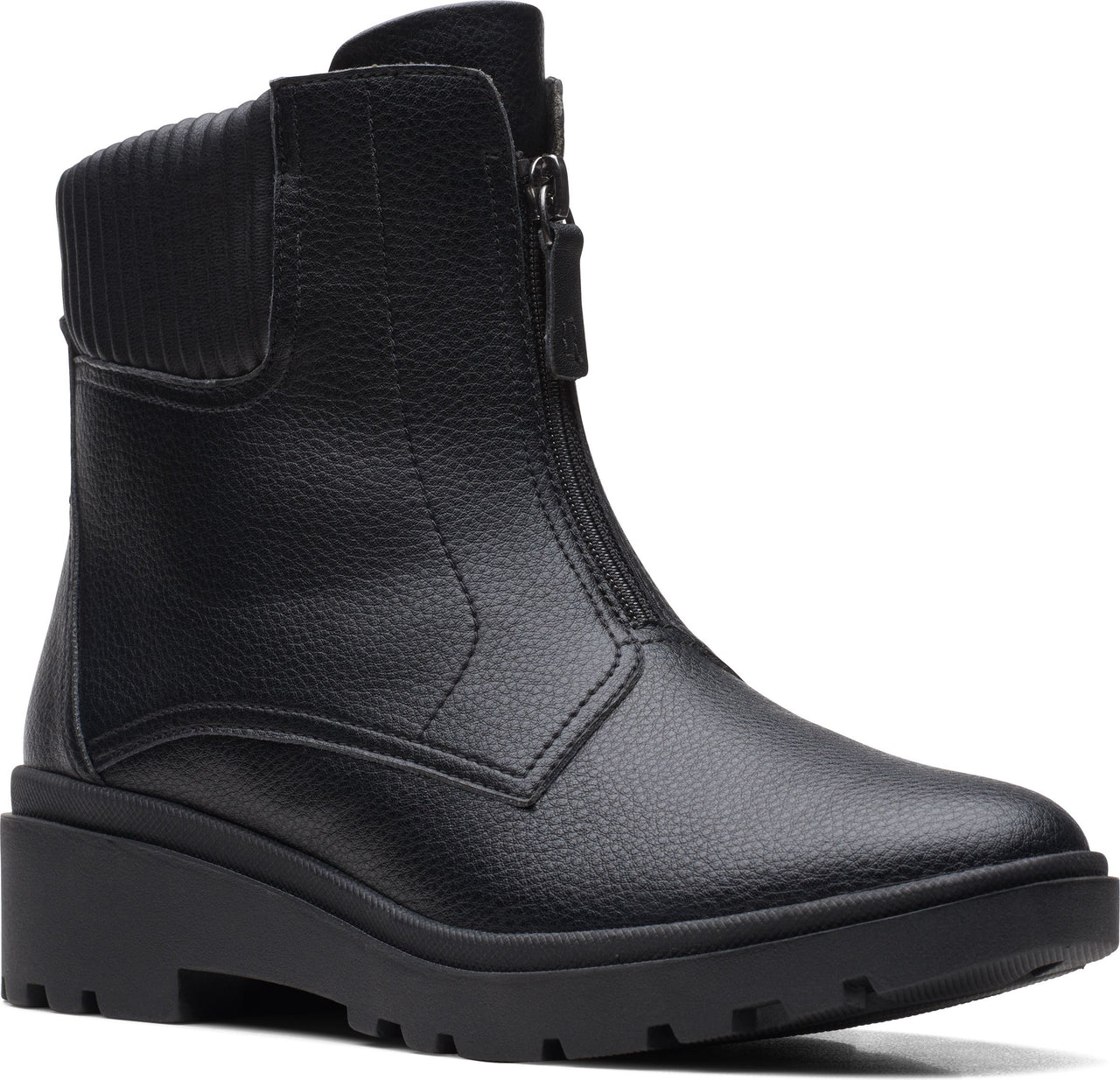 Black ankle boot with front zipper and textured collar.
