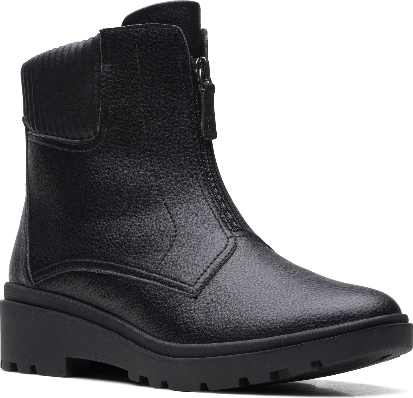 Black ankle boot with front zipper and textured collar.