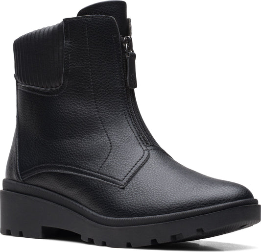 Black ankle boot with front zipper and textured collar.