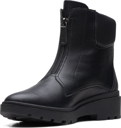 Black, mid-calf boot with front zipper and lug sole.