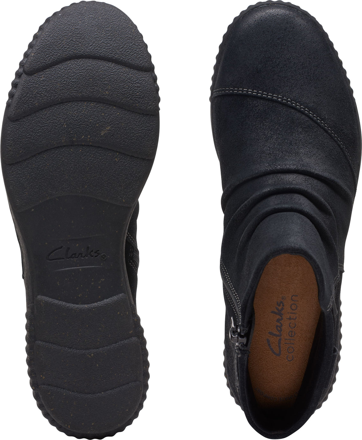 Two black leather ankle boots: a sole with the 'Clarks' logo, and a boot with a side zipper and the 'Clarks Collection' logo on the insole.
