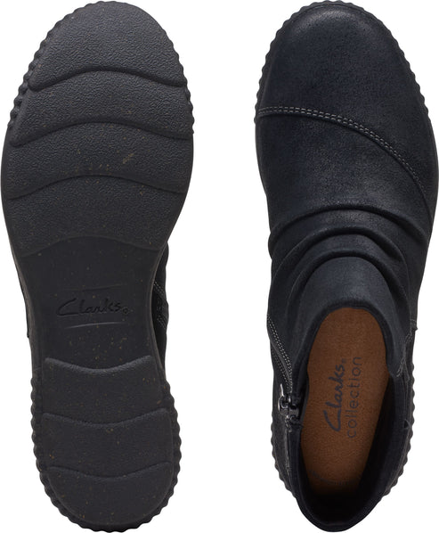 Two black leather ankle boots: a sole with the 'Clarks' logo, and a boot with a side zipper and the 'Clarks Collection' logo on the insole.